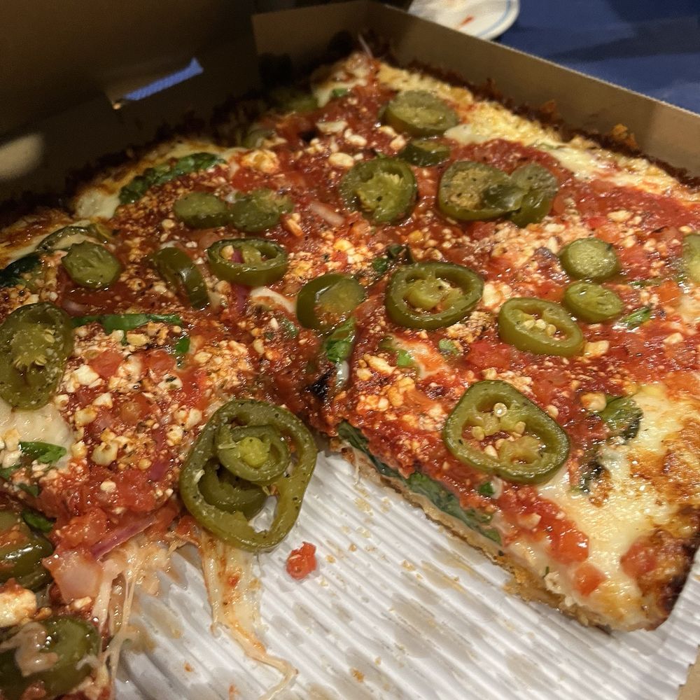 Fuji & Vi's - Greek - added red sauce and jalapenos - Pizza Near Me - Pasadena, California Fuji & Vi's - Greek - added red sauce and jalapenos - Pizza Near Me - Pasadena, California
