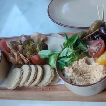 Kelvingrove Café - Mezze: Pulled tofu,  almond cheese, cous cous,  hummus,  oatcakes with pickles and focaccia (some focaccia unpictured) - Cocktail Bars Near Me - Glasgow, GLG