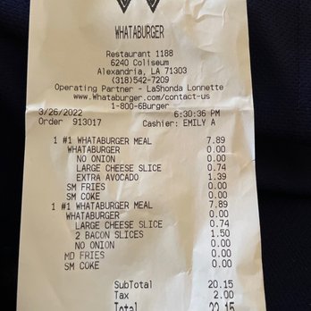 Whataburger - Our bill for two burger meals. - Burgers Near Me - Alexandria, Louisiana