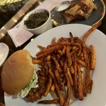 Boneyard Bistro - Hot chicken sandwich sub sweet potato fries w collard greens and their pizza egg rolls app - Barbeque Near Me - Sherman Oaks, California