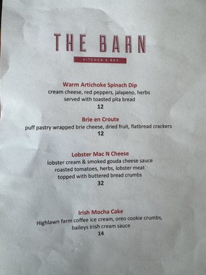 Menu photo 2 The Barn Kitchen & Bar Williamstown, MA Menu photo 2 The Barn Kitchen & Bar Williamstown, MA
