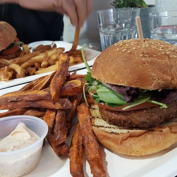 Lil Organic Kitchen - Beyond Meat burger and yummy Yam fries and homemade dipping sauce - Desserts Near Me - Whitby, Ontario
