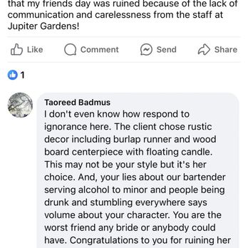 Jupiter Gardens Event Center - One of their employees responses to my bride made - Venues & Event Spaces Near Me - Dallas, Texas Jupiter Gardens Event Center - One of their employees responses to my bride made - Venues & Event Spaces Near Me - Dallas, Texas
