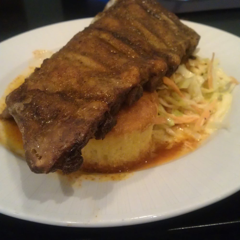 sweet & spicy ribs w/cornbread and cole slaw. *****!