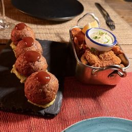 Bean croquettes and fried cuddle fish