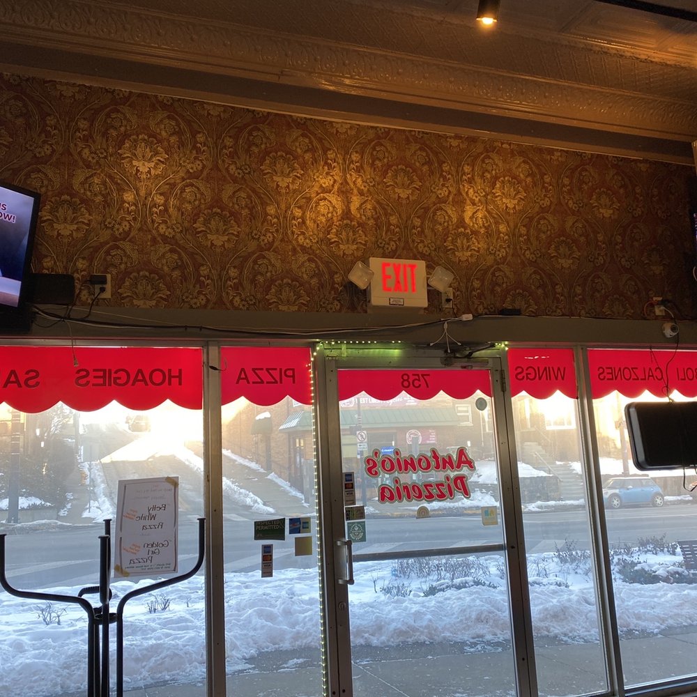 Antonio's Pizzeria - Inside looking out - cool wall paper and old-timey ceiling. - Pizza Near Me - Pittsburgh, Pennsylvania