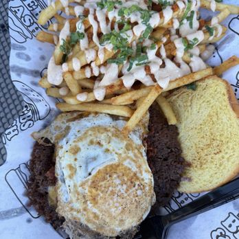 Biebs & Ash - Bacon Jam and fried egg double smash burger with OldBay fries - Burgers Near Me - Mishawaka, Indiana