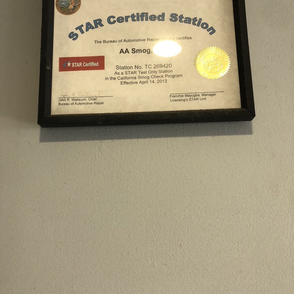 AA Smogs - The photo shows the certificate on the wall at 10885 Venice Blvd., Los Angeles - Smog Check Stations Near Me - Los Angeles, California