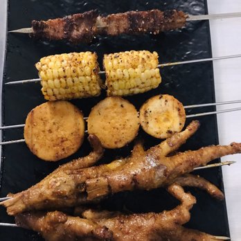 Honolulu Skewer House - From top: Pork Belly, Kahuku Sweet Corn, King Oyster Mushroom, Chicken Feet (2 orders) - Chinese Near Me - Honolulu, Hawaii