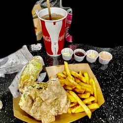Junior Colombian Burger - Burrito Burger (a "Burgerrito", if you will), fountain drink & 4 different small sauce cups of the 8 different options.