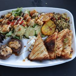 Amalia’s island kitchen - House Salad, Curry Potato Chips, Quinoa & Red Beans, Stuffed Mushrooms, Loaded Jerk Chicken & Guacamole Quesadilla