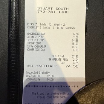 Duffy's Sports Grill - Check out the 3% "Operating Fee" - Burgers Near Me - Stuart, Florida