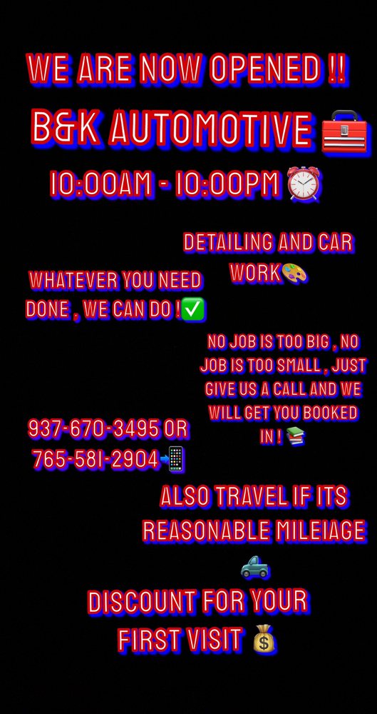 B & K AUTOMOTIVE Williamsburg, Indiana Auto Detailing Phone