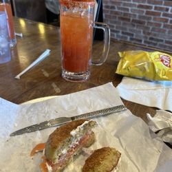 Green Chile Bagel Company - Green chile bagel with nova lox and a Tajin rimmed red beer
