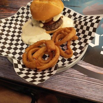Bigfoot Grille - Burger with onion rings - American Near Me - Lebanon, Oregon Bigfoot Grille - Burger with onion rings - American Near Me - Lebanon, Oregon