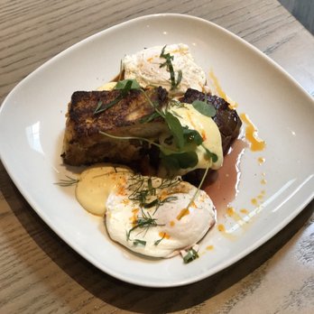 Town Hall - Steak + Eggs with manchego bread pudding, hollandaise, romesco sauce and chili oil - New American Near Me - Jacksonville, Florida Town Hall - Steak + Eggs with manchego bread pudding, hollandaise, romesco sauce and chili oil - New American Near Me - Jacksonville, Florida