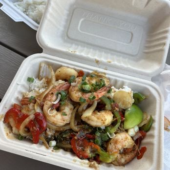 Maui Shrimp - Spicy Thai Basil Shrimp (notice the rice underneath) - Food Trucks Near Me - Kahului, Hawaii Maui Shrimp - Spicy Thai Basil Shrimp (notice the rice underneath) - Food Trucks Near Me - Kahului, Hawaii