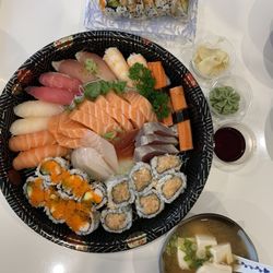 Hug Sushi - Sashimi and sushi platter, Dynamite rolls with homemade miso soup