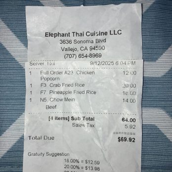 Elephant Thai Cuisine - Clear receipt which is good - Thai Near Me - Vallejo, California Elephant Thai Cuisine - Clear receipt which is good - Thai Near Me - Vallejo, California