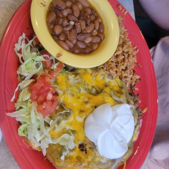 Peppers Grill & Bar - Wife's beef Indian fry bread plate with beans and rice and pico - American Near Me - Roswell, New Mexico