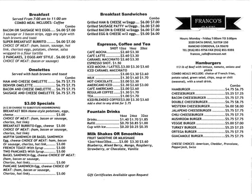 Menu photo 8 Franco's Cafe Rancho Cordova, CA