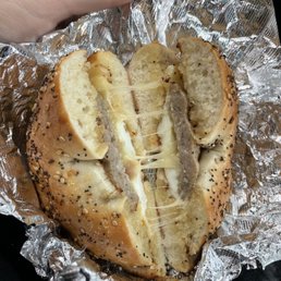 Sausage Egg and Cheese on everything bagel