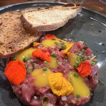 Wander at LongWoods - Beef Tartare* local beef, farm fresh egg, crostini - Desserts Near Me - Cumberland Center, Maine