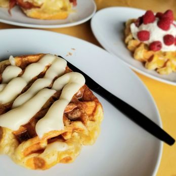 Waffle Love - Cinna Love (literally), Sunshine (perfect paring of lemon curd and raspberries) and classic Sammy (with high quality fixings) - Waffles Near Me - Provo, Utah