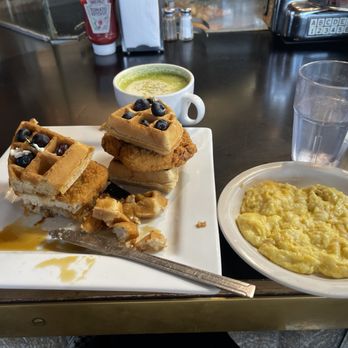 Millie's Cafe - Everything pictured is vegan: chicken & waffles, side of plant-based egg and cheese, pistachio matcha with oatmilk. BOMB. - Breakfast & Brunch Near Me - Los Angeles, California Millie's Cafe - Everything pictured is vegan: chicken & waffles, side of plant-based egg and cheese, pistachio matcha with oatmilk. BOMB. - Breakfast & Brunch Near Me - Los Angeles, California