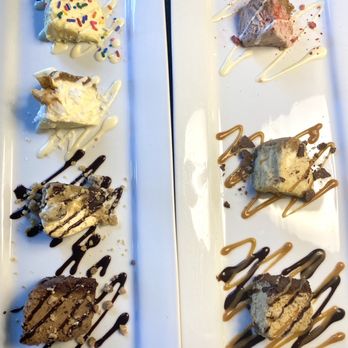 Bar Harbor Cheesecake - Left plate: birthday cake, pina colada, cookie dough and coffee toffee Right plate: strawberry, salted caramel, macchiato - Desserts Near Me - St Augustine, Florida Bar Harbor Cheesecake - Left plate: birthday cake, pina colada, cookie dough and coffee toffee Right plate: strawberry, salted caramel, macchiato - Desserts Near Me - St Augustine, Florida