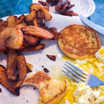 Little Gus Cafe - Mid-way though the #1 Breakfast with poached eggs (perfectly poached!), bacon, an English muffin and  extra crispy potatoes. - Breakfast & Brunch Near Me - Plano, Texas