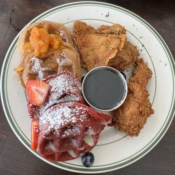 Taste Kitchen Bar - Cajun chicken with upgraded waffles: red velvet and sweet potato - Breakfast & Brunch Near Me - Houston, Texas Taste Kitchen Bar - Cajun chicken with upgraded waffles: red velvet and sweet potato - Breakfast & Brunch Near Me - Houston, Texas