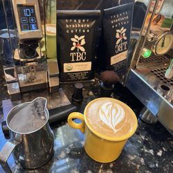 Pickford's Seafood & Gourmet - Trager Brothers Coffee latte and 1967 Datsun 2000