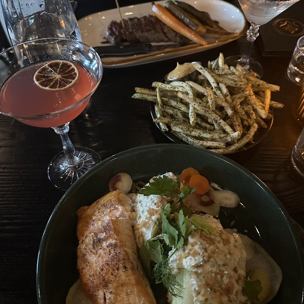 The Botanist - Wedge salad with salmon, steak, and house fries - Cocktail Bars Near Me - Bakersfield, California