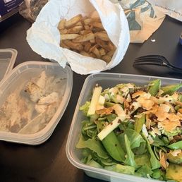 Green Goddess Vegetable Salad with Grilled Chicken and Side of Fries