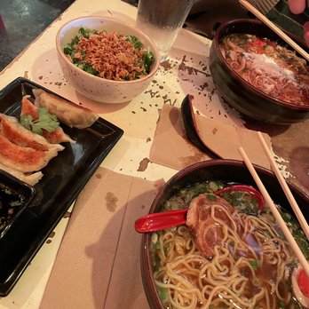 Ramen Tatsu-Ya - Ol ' Skool Ramen, Mi - So - Hot Ramen, pork dumplings, and one of their sides of rice. Delicious! - Ramen Near Me - Austin, Texas