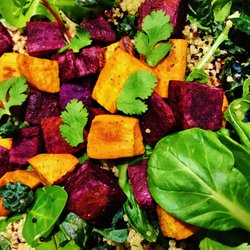 Vegan - Roasted Sweet Potato, Spinach, Kale Quinoa Veggie Bowl with a Apple Cider Vinaigrette