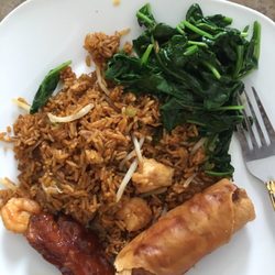 Old St Louis Chop Suey - Chinese Takeout: Special Fried Rice, Hot Braised Chicken Wing, Pork Egg Roll, and Spinach that I sautéed at home.