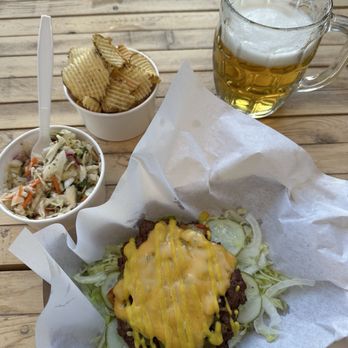 Dripline Brewery - New Mexico green chili Smashburger, cilantro lime coleslaw, house made potato chips, and some kind of specialty pill Pilsner. YUM! - Brewpubs Near Me - Albuquerque, New Mexico