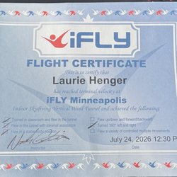 iFLY Minneapolis - Certificate earned at the end of my "iFLY" journey