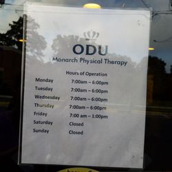 ODU Monarch Physical Therapy Clinic - Hours of operation (by appointment only)
