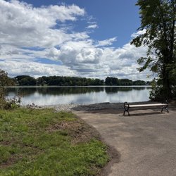 Batterson Park Pond - Peaceful benches beside the pond edge.