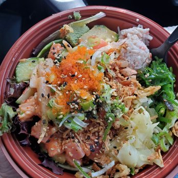 Wow Bento - Poke with brown rice and spring mix. They charge an extra dollar for both. - Japanese Near Me - Irvine, California