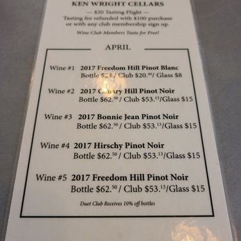 Ken Wright Cellars Tasting Room - Ken Wright Cellars Tasting Menu. - Wine Tasting Room Near Me - Carlton, Oregon