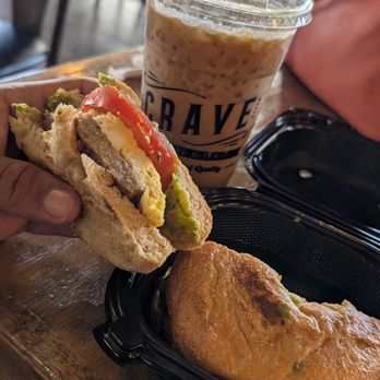 Crave Coffee & Tea - Lavender vanilla 24oz coffee with 3 shot +3 extra. Tomatoes, eggs sausage and avocado bagel. - Coffee & Tea Near Me - Riverside, California Crave Coffee & Tea - Lavender vanilla 24oz coffee with 3 shot +3 extra. Tomatoes, eggs sausage and avocado bagel. - Coffee & Tea Near Me - Riverside, California