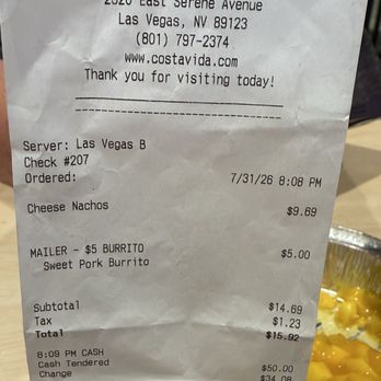 Costa Vida - Receipt - Desserts Near Me - Las Vegas, Nevada