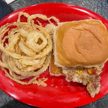 Victory Lane Bar & Grill - Grilled Pork tenderloin ($6.49) and side of onion rings ($4.99) - Fast Food Near Me - Clarence, Iowa Victory Lane Bar & Grill - Grilled Pork tenderloin ($6.49) and side of onion rings ($4.99) - Fast Food Near Me - Clarence, Iowa