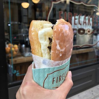 Firecakes Donuts - Honey glazed donut sandwich with Tahitian vanilla ice cream and dark chocolate shavings - Bakeries Near Me - Chicago, Illinois