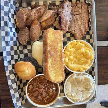 Dickey's Barbecue Pit - 2 Meat Plate: Brisket, Jalepeno Cheddar sausage, mac and cheese, and potato casserole. We added in the texas toast, cornbread, and chili. - Barbeque Near Me - El Cajon, California