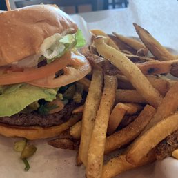 a hamburger and french fries